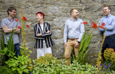Prof. Caitriona O’Driscoll Project Coordinator of GENEGUT and her team from the UCC’s School of Pharmacy and APC Microbiome Ireland. GENEGUT is a new innovative EU-funded research project changing the treatment paradigm for Crohn’s Disease patients with a new orally administered RNA-based advanced therapy (FLTR: Dr. Piotr Kowalski, Dr. Jospeh O’Shea, Prof. Caitriona O’Driscoll, Dr. Patrick O’Dwyer)